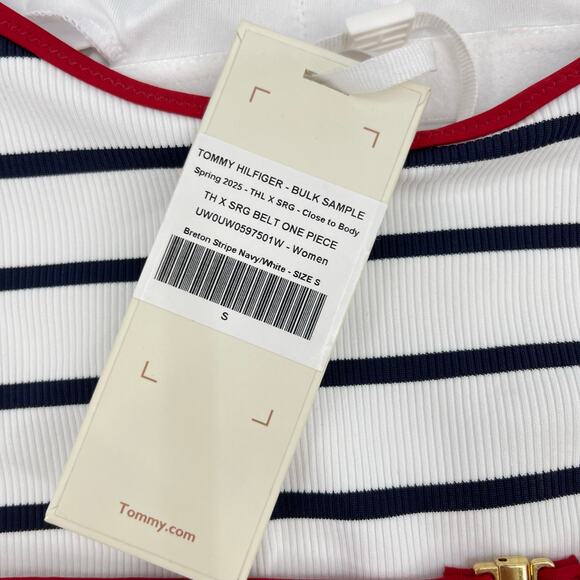 Tommy Hilfiger | NWT The Sofia Capsule Bandeau Belted Swimsuit Navy White Stripe - Picture 9 of 15